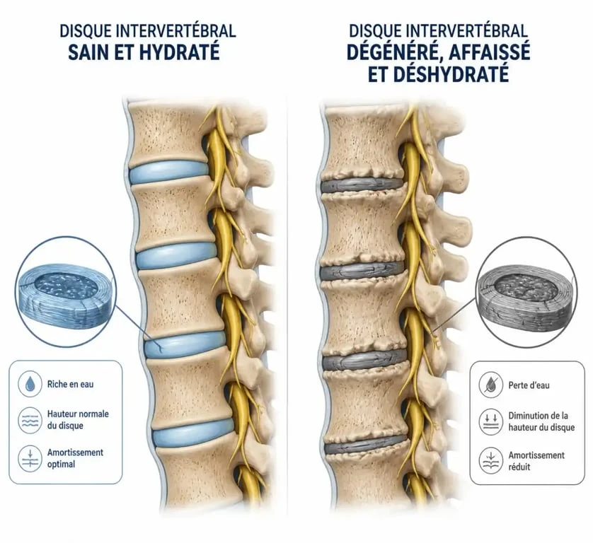 Schéma comparatif d'une discopathie dégénérative lombaire montrant l'usure du disque intervertébral