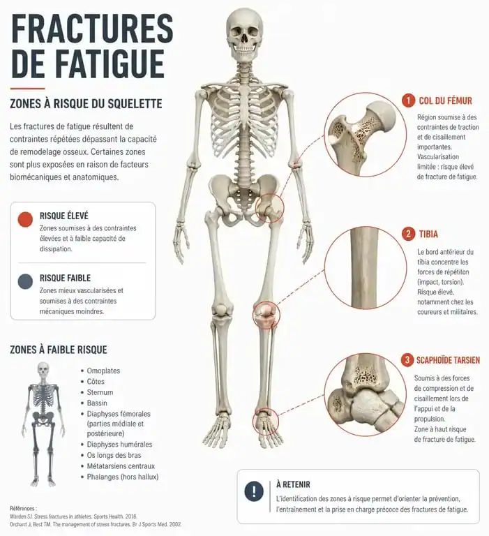 Schéma des zones à risque de fracture de fatigue sur le squelette humain pour comprendre les risques professionnels.