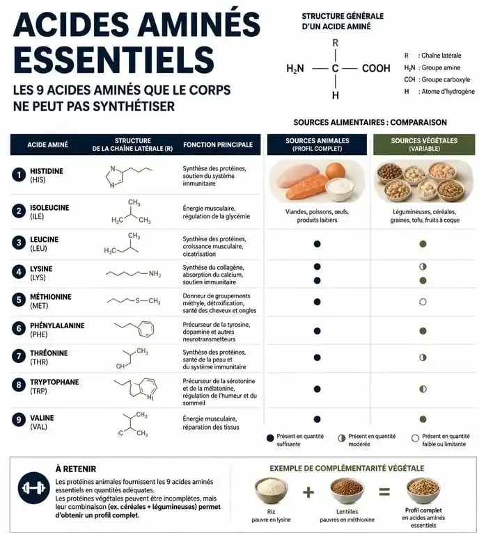 Infographie sur les aliments et acides aminés essentiels pour la santé