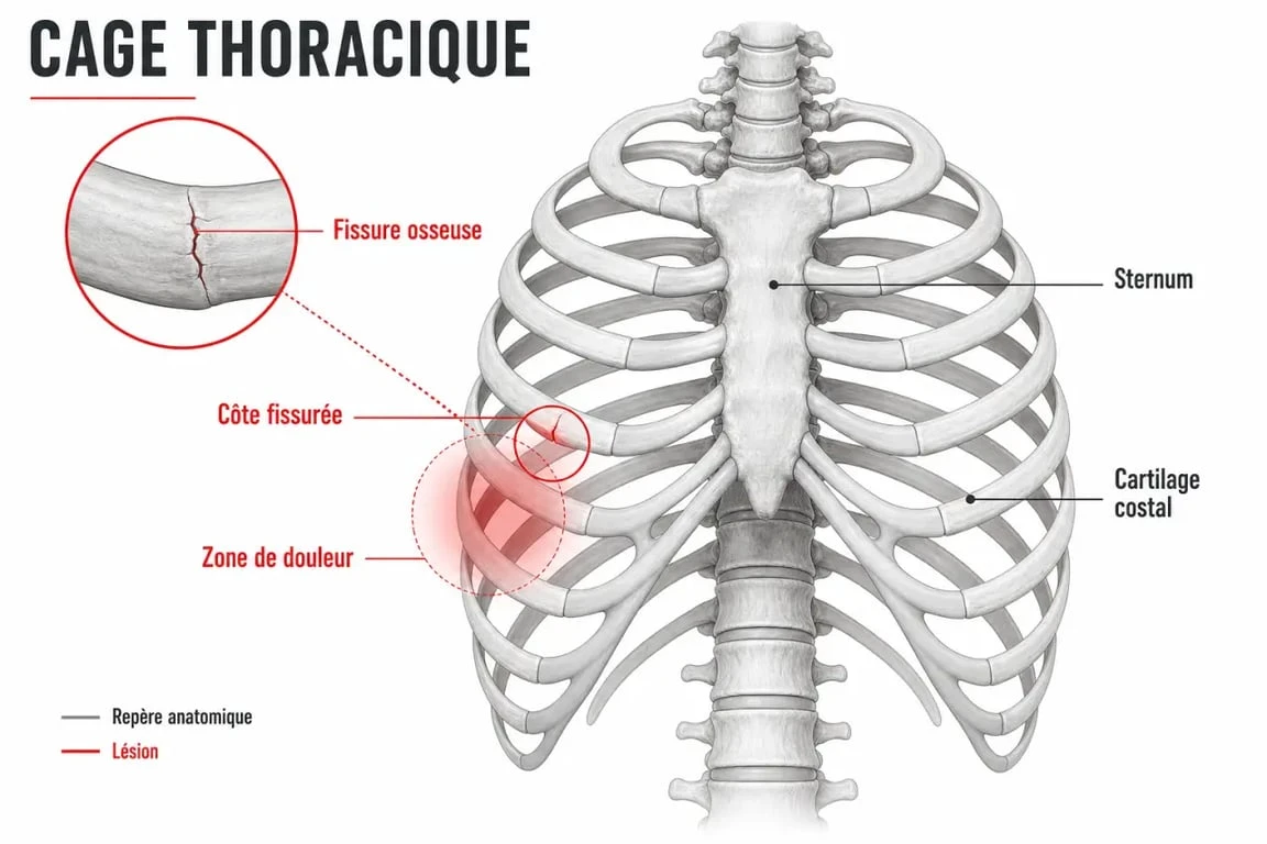 Schéma anatomique illustrant une côte fêlée pour comprendre la blessure et les risques au travail