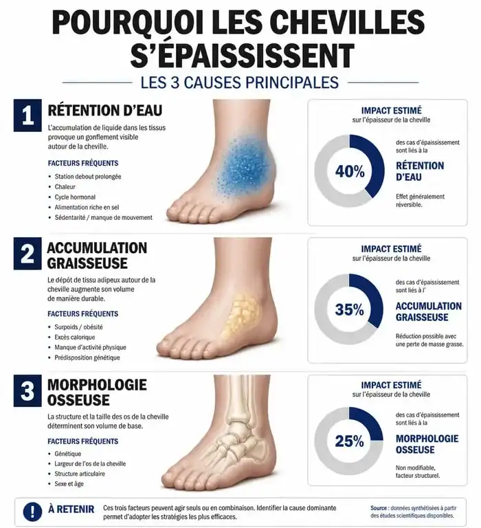 Infographie explicative sur les causes des chevilles épaisses et comment affiner ses chevilles