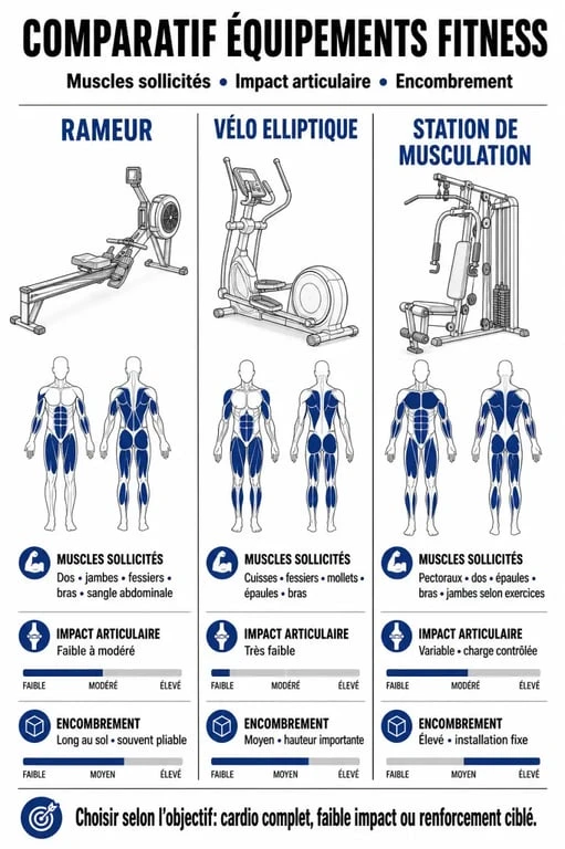 Comparatif des meilleurs appareils de sport pour faire travailler tout le corps : rameur, vélo elliptique et station homegym.