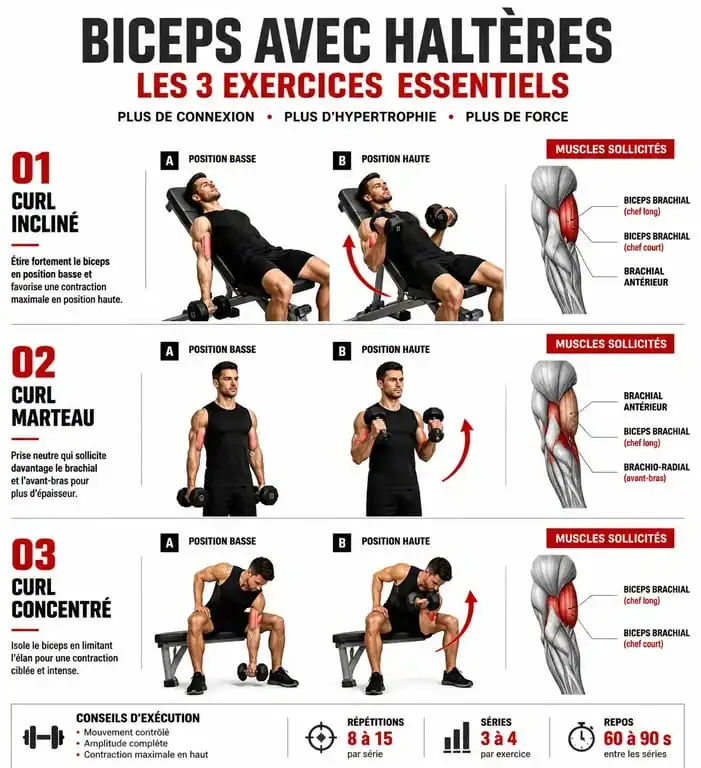 Infographie des exercices de musculation pour biceps avec haltères : curl incliné, marteau et concentré.