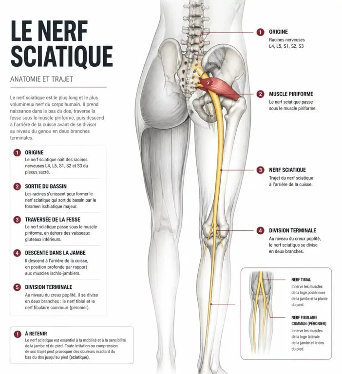 Schéma anatomique du nerf sciatique et du muscle piriforme pour comprendre le massage du nerf sciatique