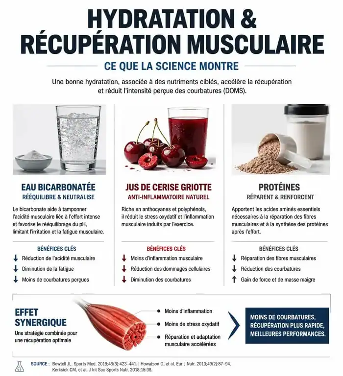 Infographie sur les meilleures boissons pour soulager les courbatures et optimiser la récupération musculaire après le sport