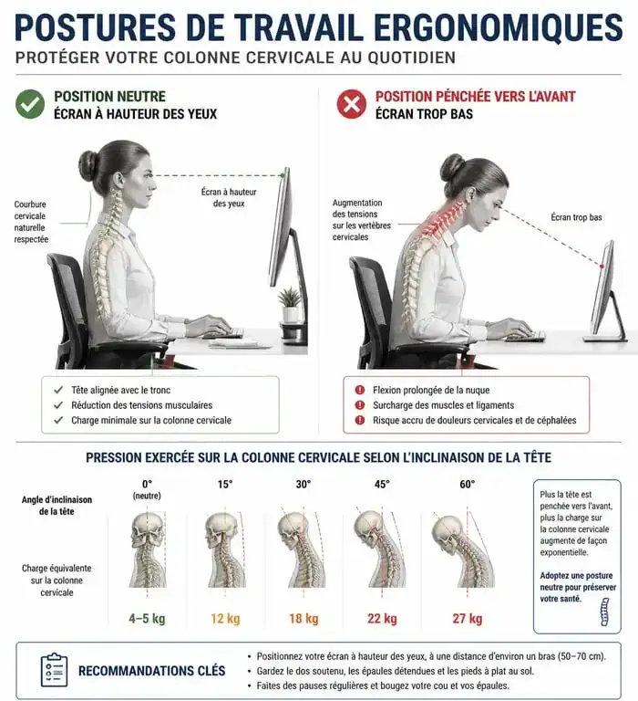 Infographie sur les postures de travail ergonomiques pour prévenir l'uncodiscarthrose et les douleurs cervicales