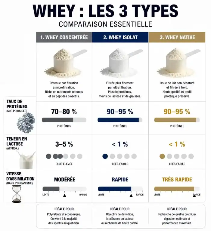Comparatif des types de whey : concentrée, isolat et native pour choisir sa protéine