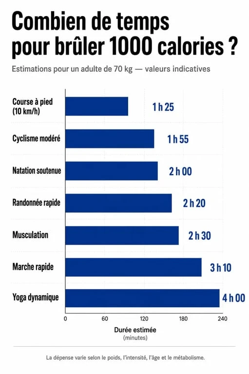 Infographie montrant les activités physiques pour brûler 1000 calories par jour