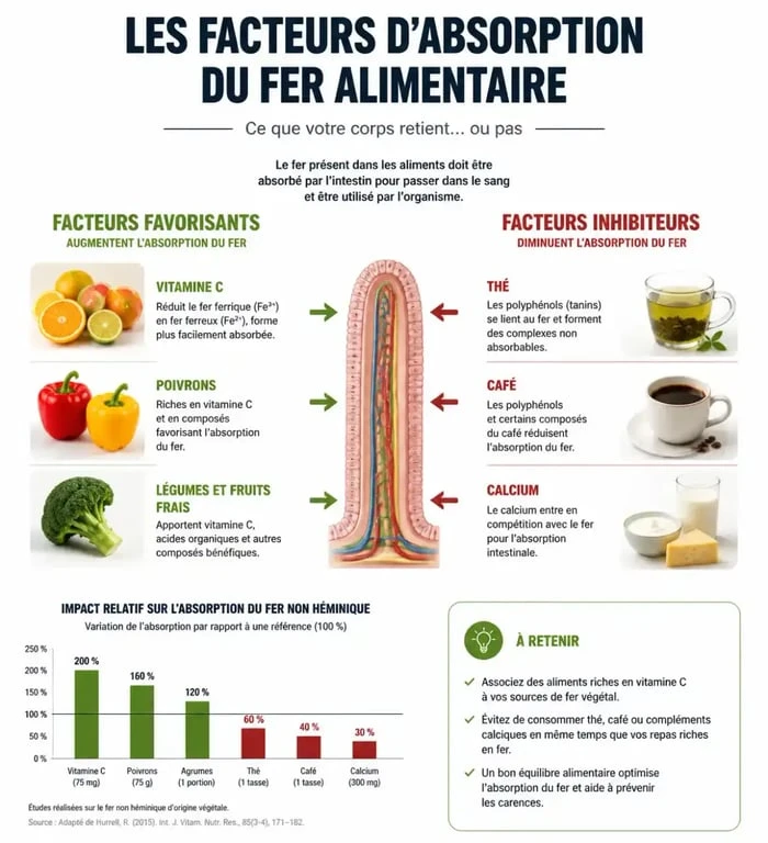 Infographie sur l'absorption du fer alimentaire : facteurs favorisants et inhibiteurs pour lutter contre le manque de fer.