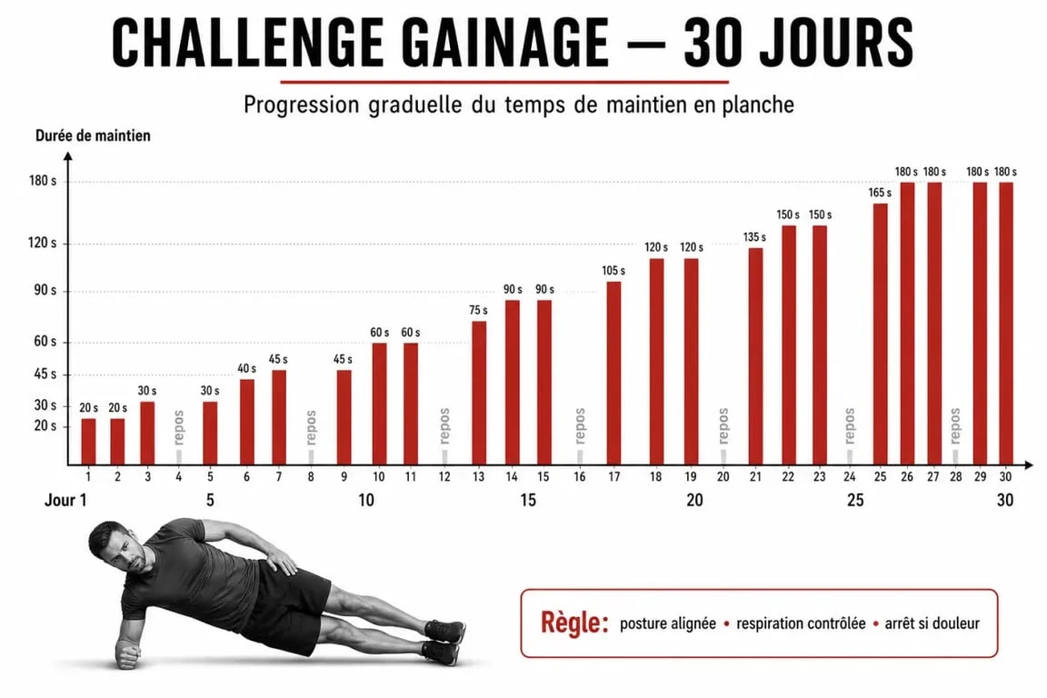 Infographie de progression sur 30 jours pour un challenge de gainage planche avant après
