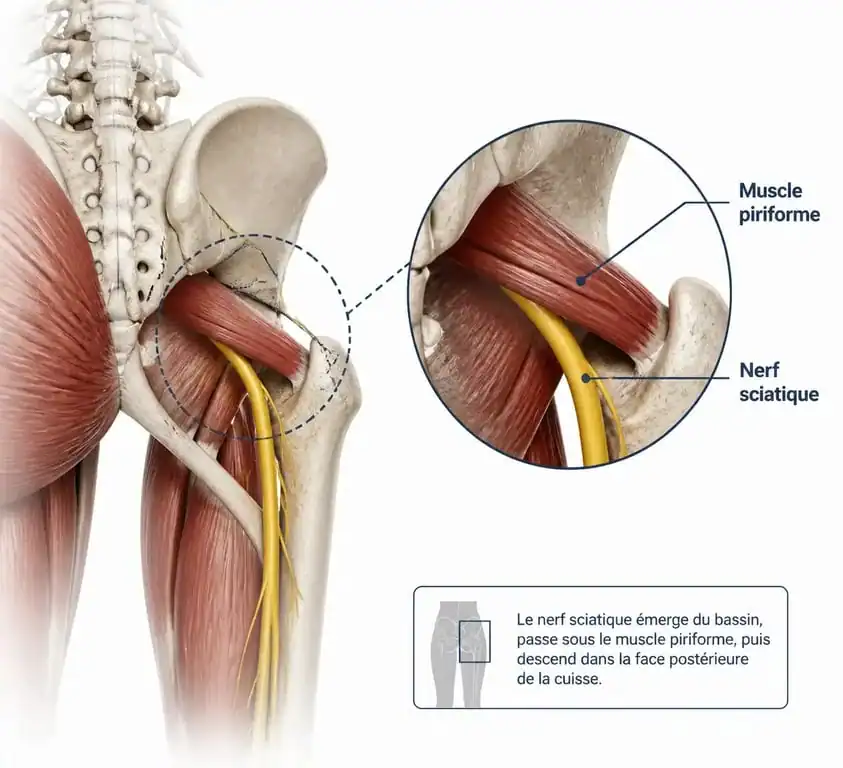 Schéma anatomique du muscle piriforme et du nerf sciatique pour comprendre la fessalgie