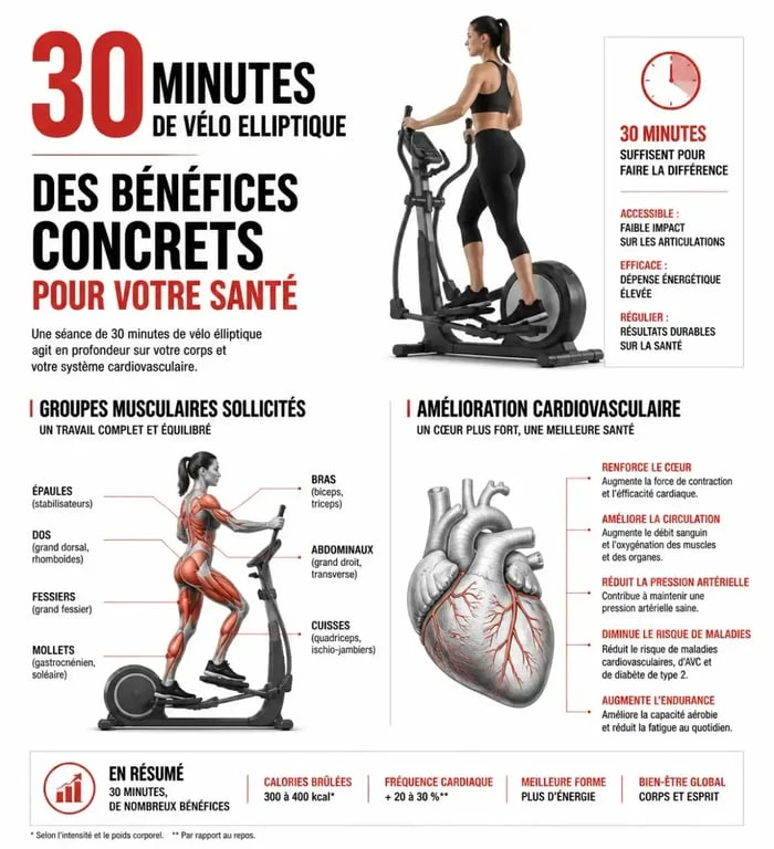 Infographie des bienfaits de 30 minutes de vélo elliptique par jour pour la santé et la perte de poids