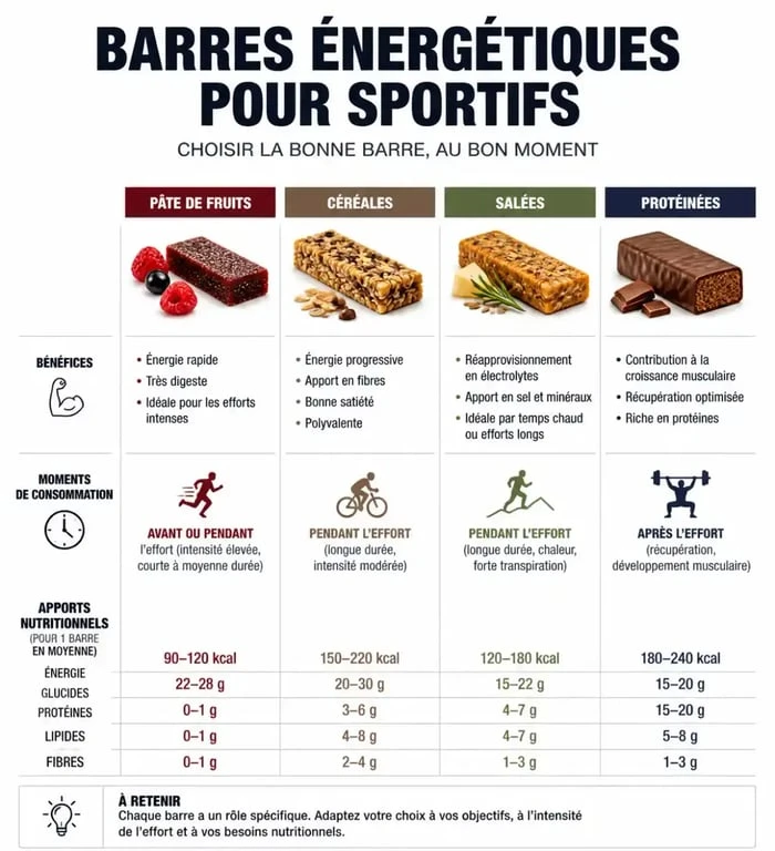 Infographie comparative des différents types de barres énergétiques pour sportifs et leurs bénéfices nutritionnels
