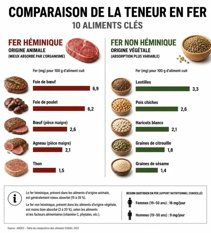 Infographie comparant les aliments riches en fer héminique et non héminique pour une meilleure absorption