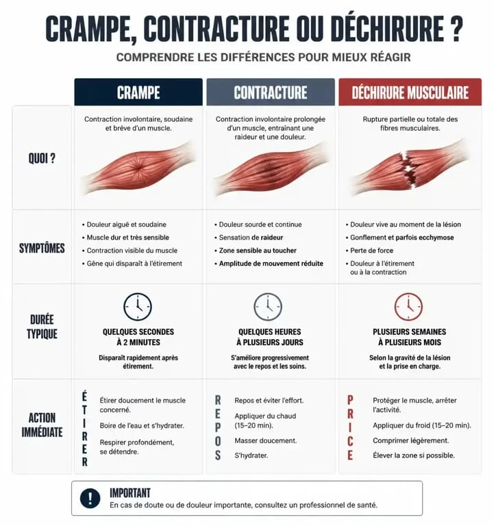 Infographie comparative des symptômes : crampe, contracture au mollet et déchirure musculaire