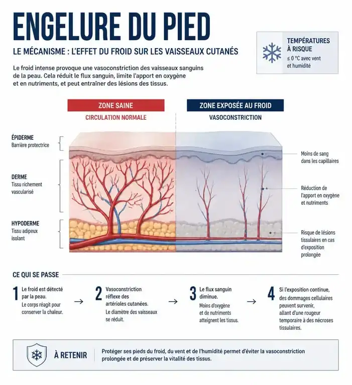 Infographie explicative sur le mécanisme de l'engelure du pied et les remèdes de grand-mère pour stimuler la circulation sanguine.