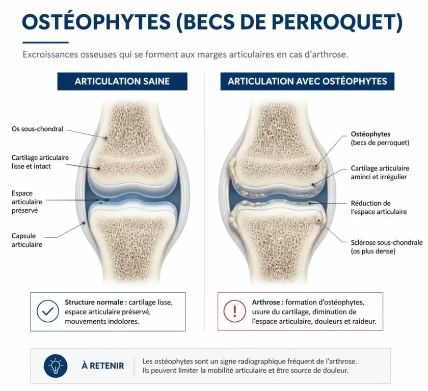 Schéma anatomique illustrant la formation d'ostéophytes ou becs de perroquet sur une articulation