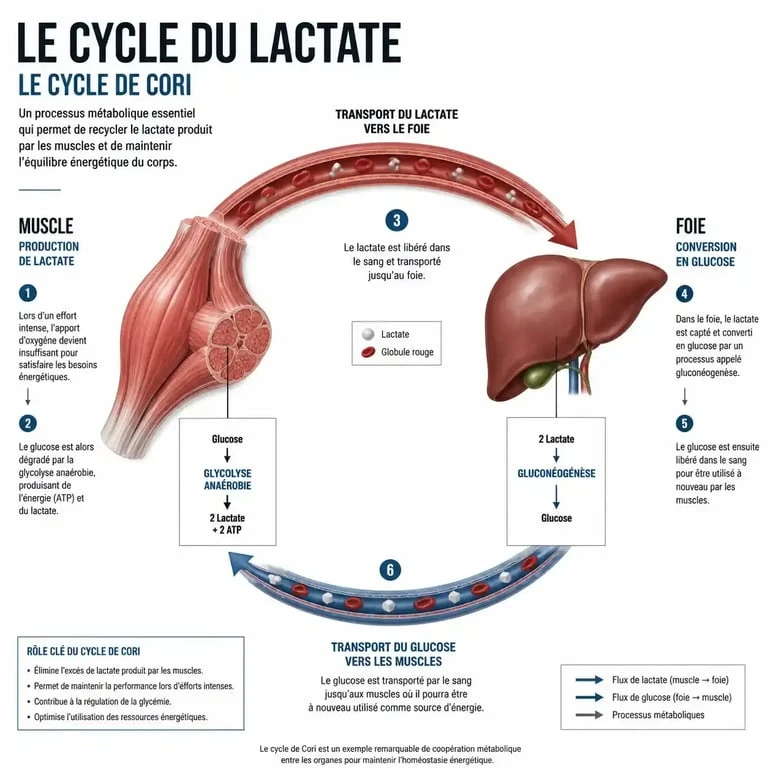 Schéma du cycle de Cori et du rôle de l'acide lactique et du lactate dans le sport