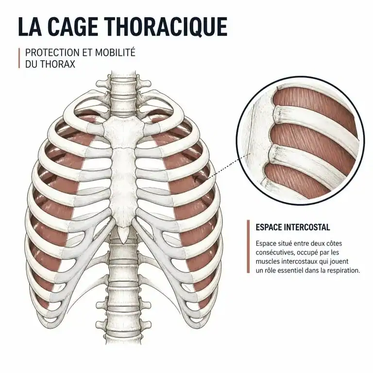 Schéma anatomique de la cage thoracique pour illustrer une douleur aux côtes après une chute