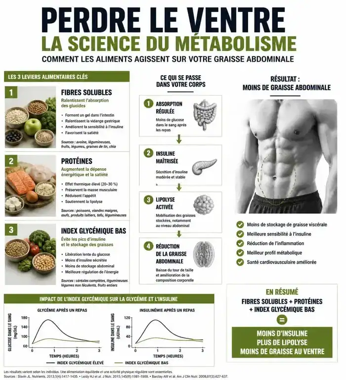 Infographie sur les aliments pour perdre le ventre et leurs effets métaboliques