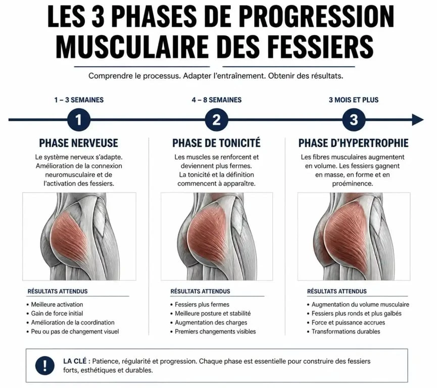 Infographie illustrant les délais pour voir les muscles fessiers : phases nerveuse, de tonicité et d'hypertrophie.