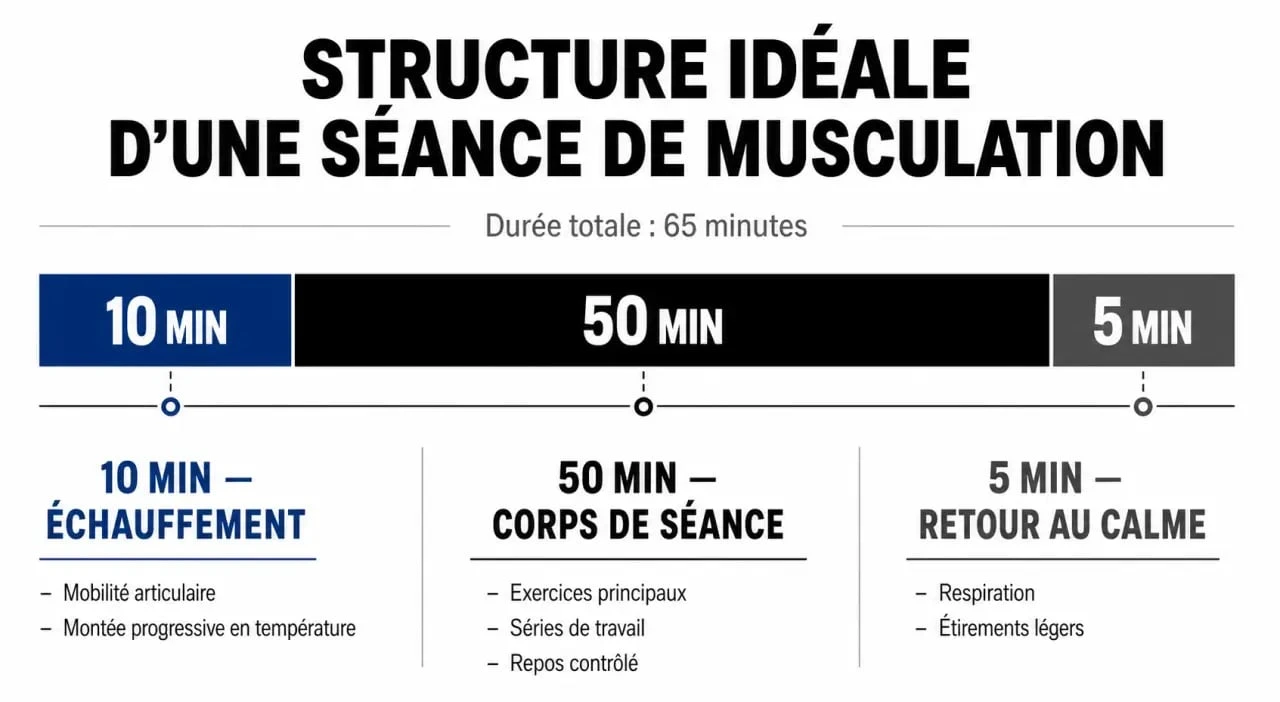 Infographie sur la durée idéale d'une séance de musculation et sa structure optimale