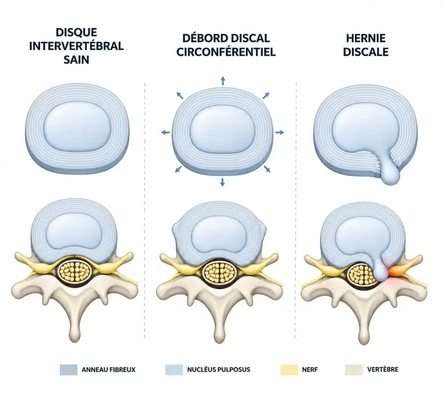 Schéma anatomique comparatif : disque sain, débord discal et hernie discale