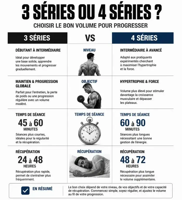 Infographie comparative : 3 ou 4 séries en musculation pour optimiser votre progression
