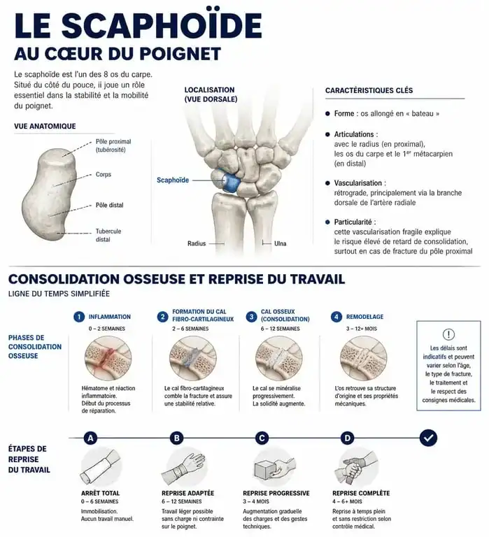 Infographie sur la fracture du scaphoïde et les délais de reprise du travail