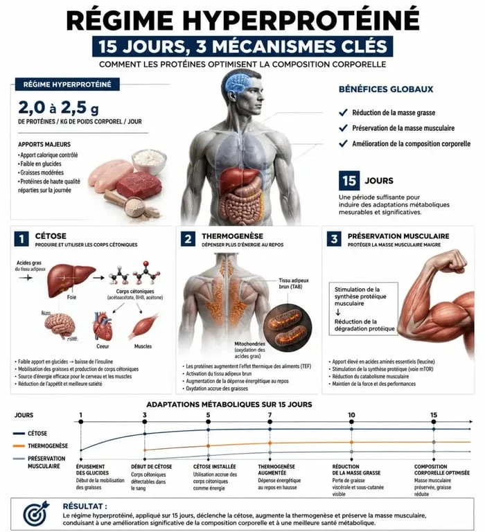 Infographie expliquant le fonctionnement métabolique du régime protéiné 15 jours