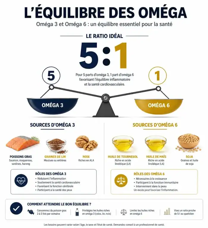 Infographie sur l'équilibre entre oméga 3 et 6 et le ratio idéal pour la santé