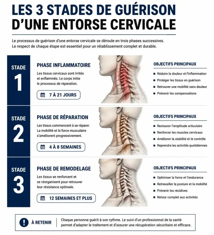 Infographie des délais de guérison d'une entorse cervicale selon la gravité