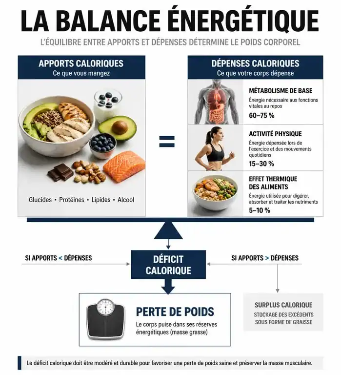 Infographie sur le fonctionnement du déficit calorique pour la perte de poids