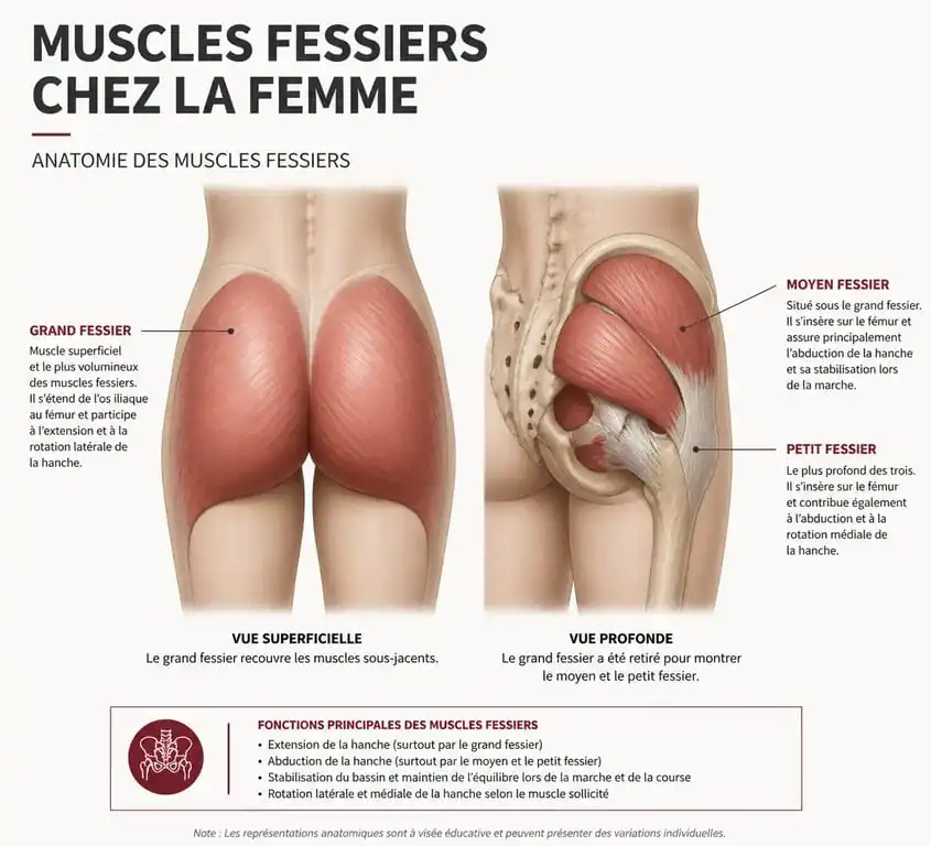 Anatomie des muscles fessiers femme : grand, moyen et petit fessier
