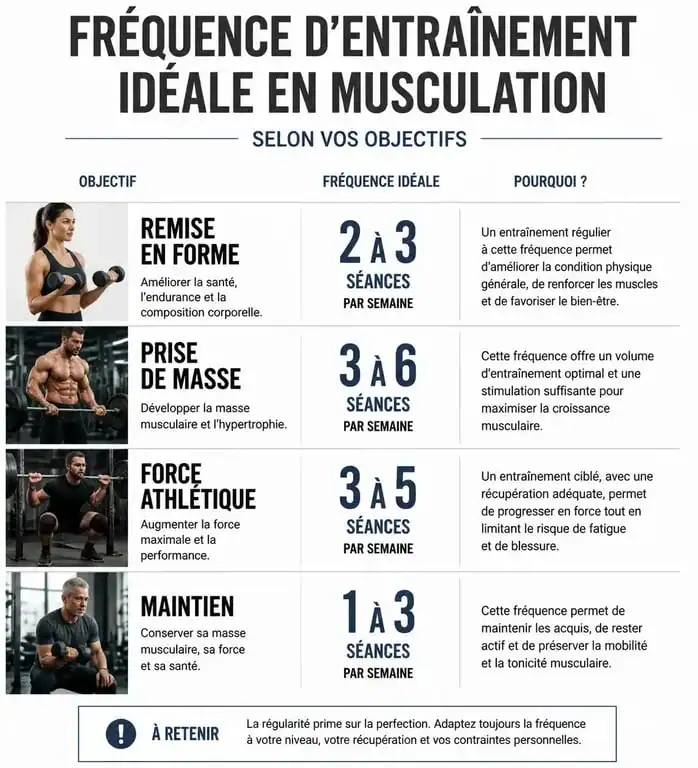 Infographie sur la fréquence d'entraînement en musculation selon les objectifs