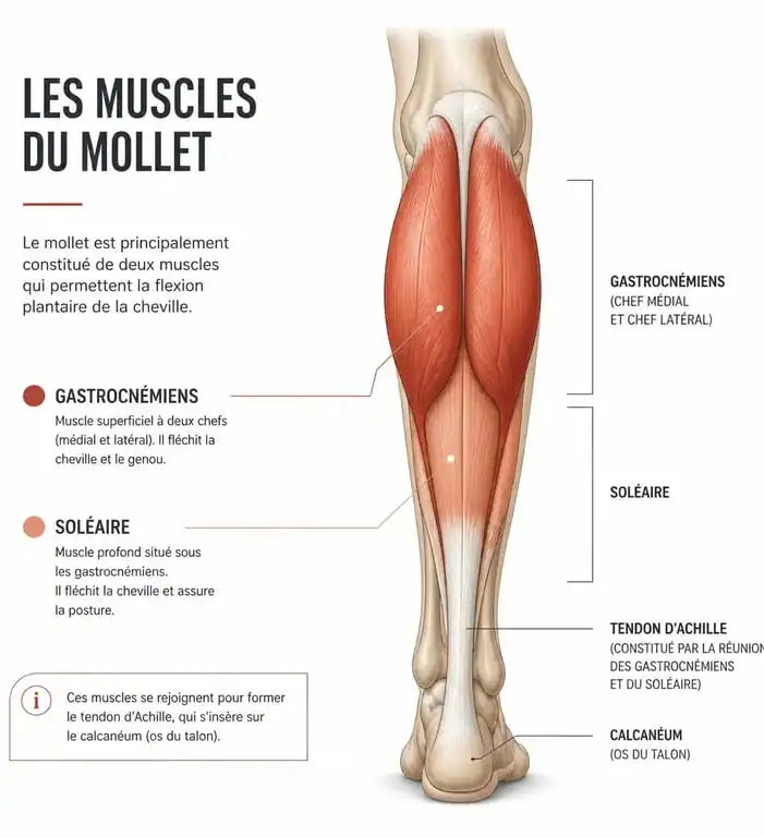 Schéma anatomique des muscles du mollet : gastrocnémiens et soléaire