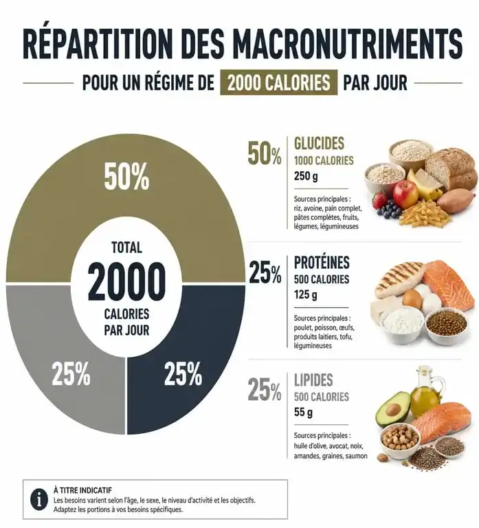 Infographie de la répartition des macronutriments pour un régime de 2000 calories par jour