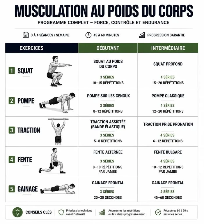 Infographie récapitulative d'un programme de musculation poids du corps pour débutants et intermédiaires