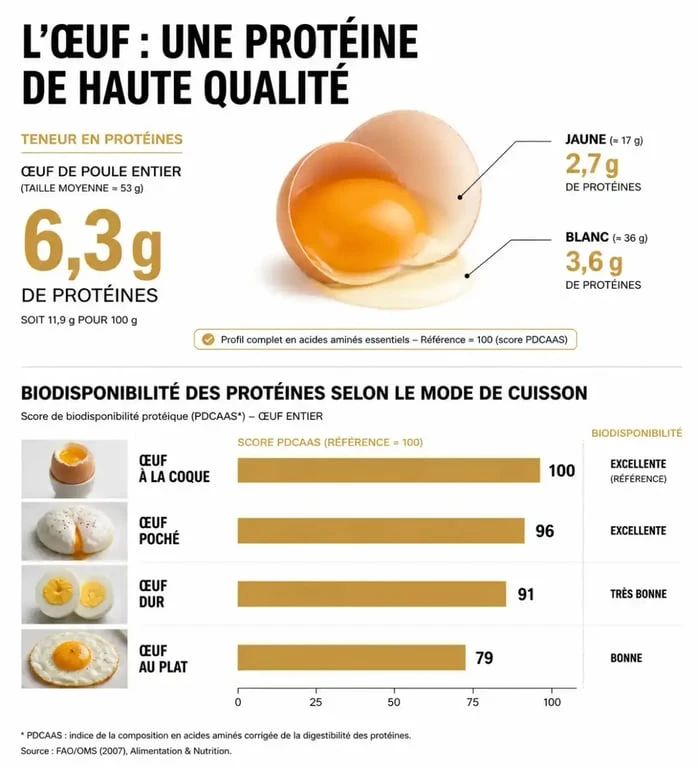 Infographie sur la teneur en protéines des œufs au plat et la biodisponibilité selon la cuisson