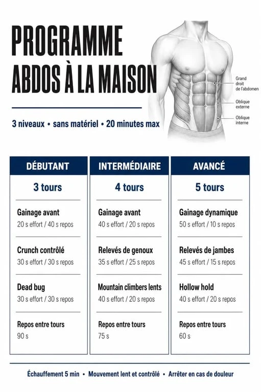 Infographie du programme abdos homme maison : circuits d'entraînement par niveau