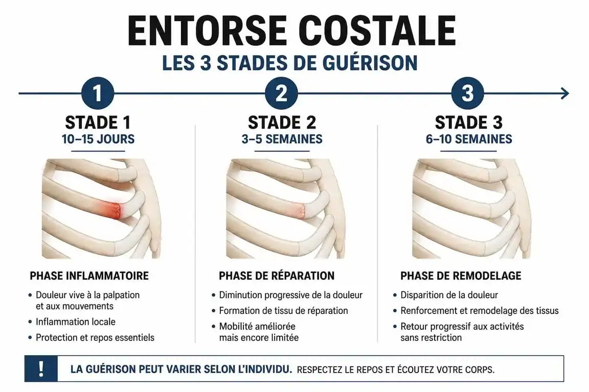 Infographie des délais de guérison d'une entorse costale selon la gravité de la blessure