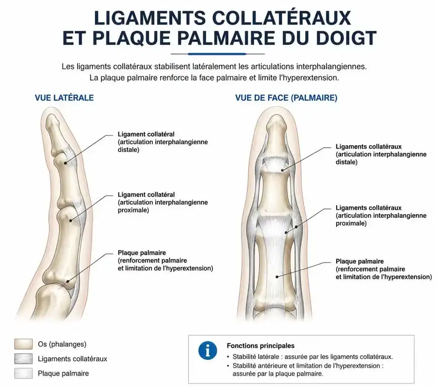 Schéma anatomique des ligaments du doigt pour comprendre les lésions ligamentaires