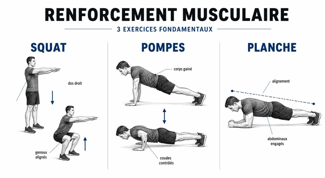Infographie illustrant les trois exercices clés d'une séance de renforcement musculaire : squat, pompes et gainage.