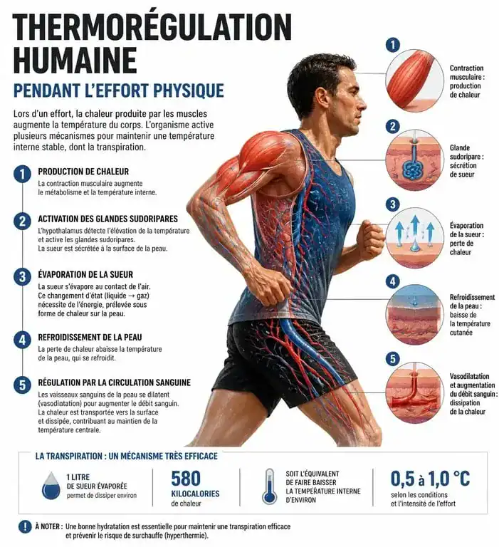 Infographie sur les bienfaits de la transpiration et le mécanisme de thermorégulation pendant le sport