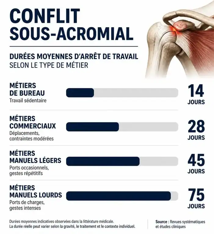 Infographie des durées d'arrêt de travail pour un conflit sous-acromial selon le métier