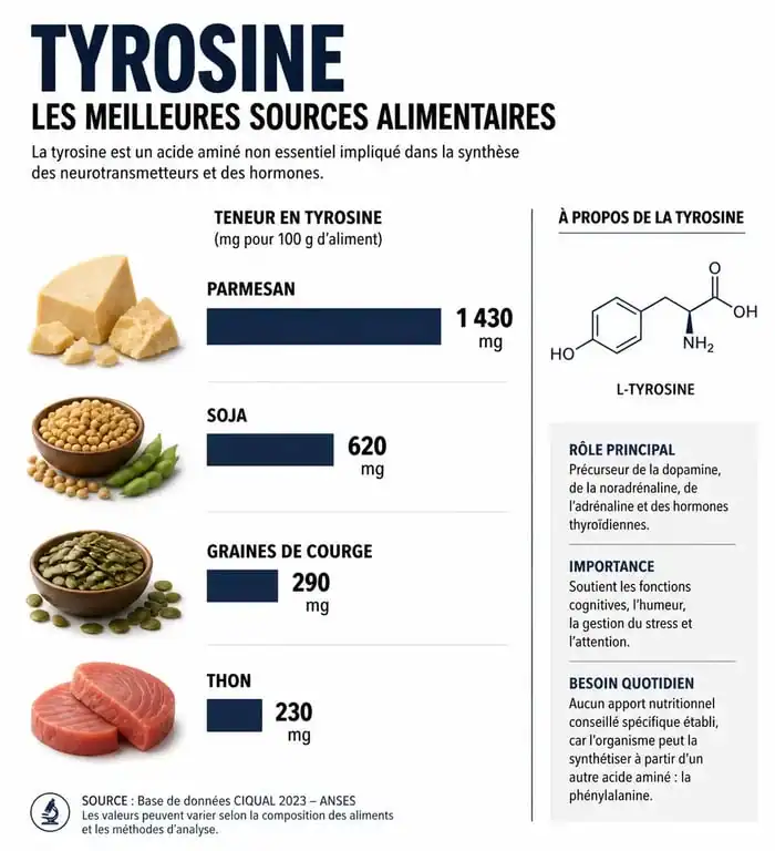 Infographie des aliments riches en tyrosine : comparaison des teneurs en tyrosine pour 100g