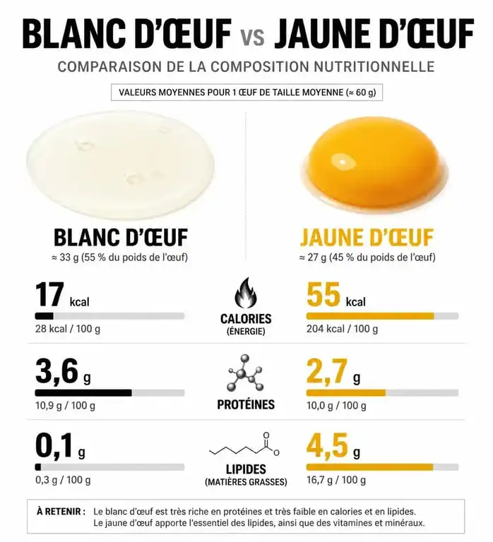 Infographie comparative des calories et nutriments entre le blanc d'œuf et le jaune d'œuf