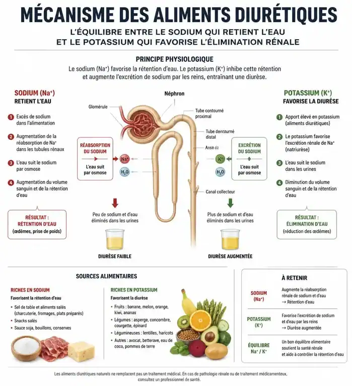 Infographie explicative sur le mécanisme des aliments diurétiques et l'équilibre sodium-potassium pour la santé
