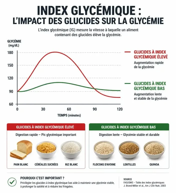 Infographie sur l'index glycémique et l'impact des glucides sur la prise de poids