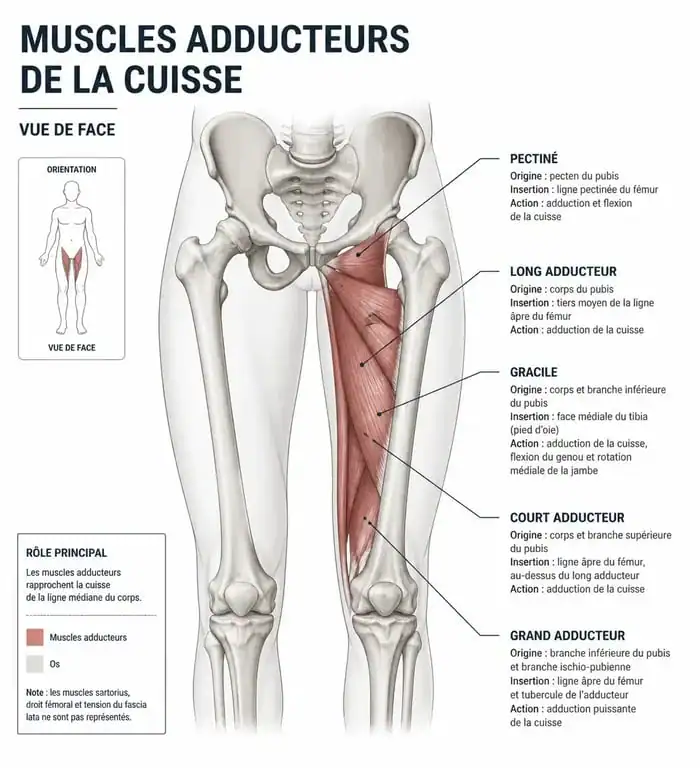 Schéma anatomique des muscles adducteurs de la cuisse pour comprendre le muscle entre les jambes